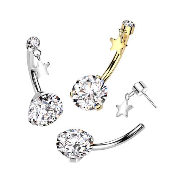Titanium Star Dangle Belly Ring, CZ Gems, 14GA