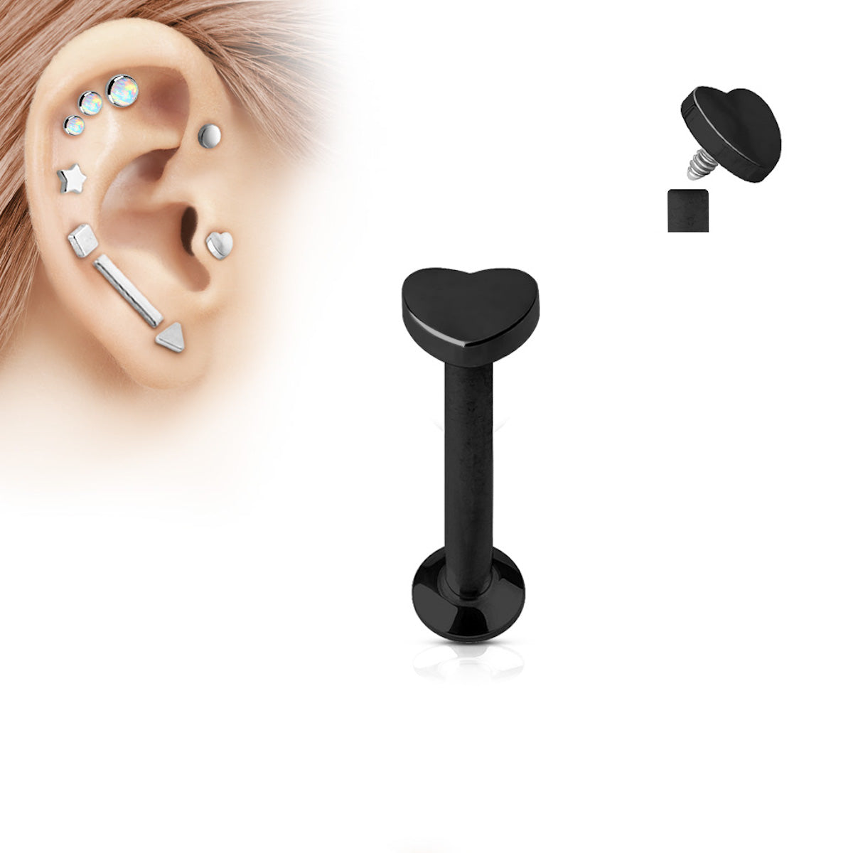 16GA Heart Labret Cartilage Stud - 6mm Length