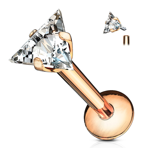 Prong Set CZ Gem Triangle Labret Stud, 16GA