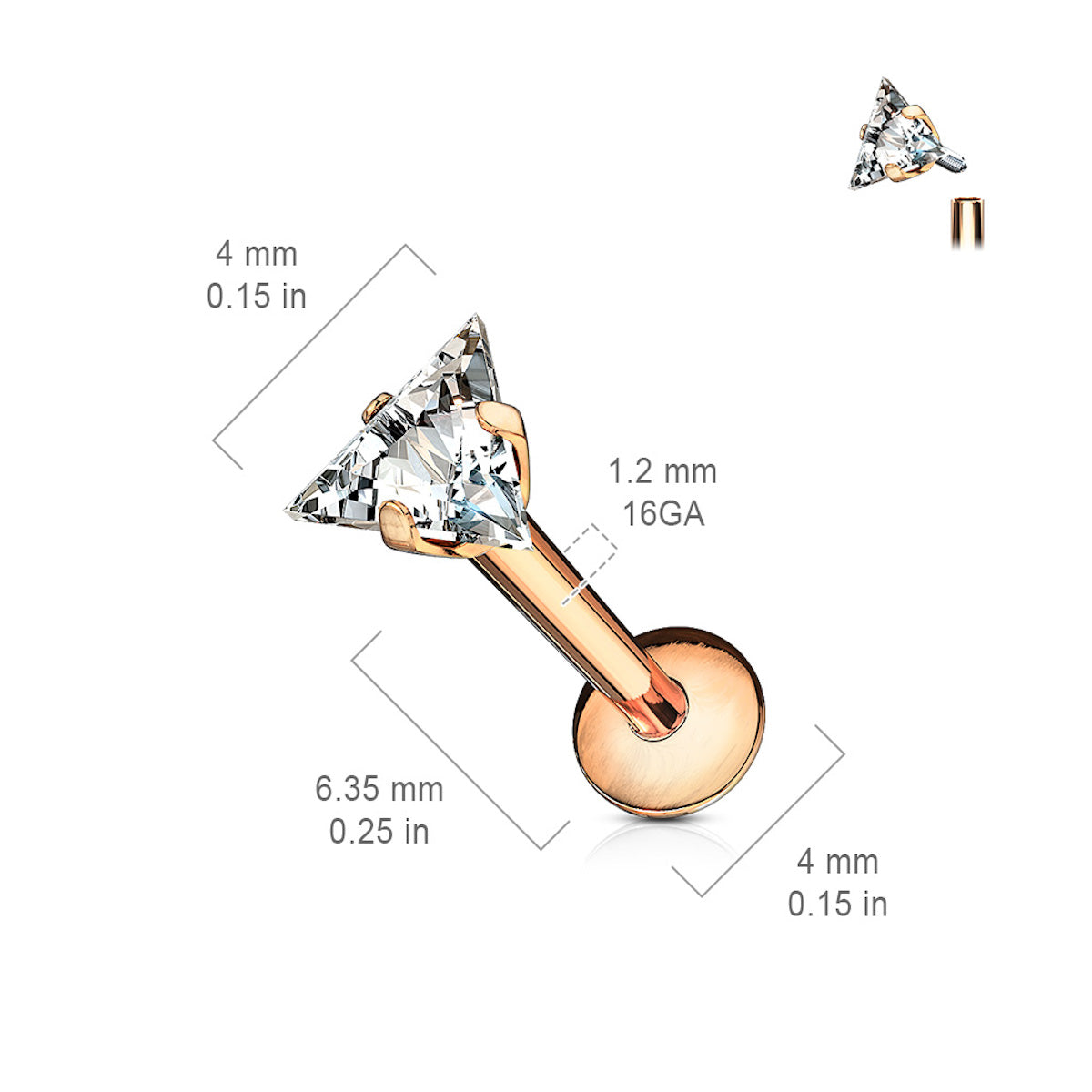 Prong Set CZ Gem Triangle Labret Stud, 16GA