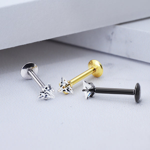 Prong Set CZ Gem Triangle Labret Stud, 16GA