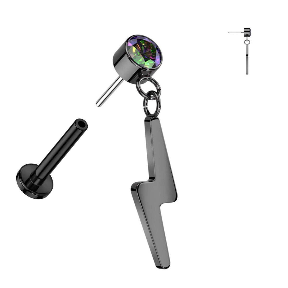 Titanium Labret with CZ & Lightning Dangle, 16GA