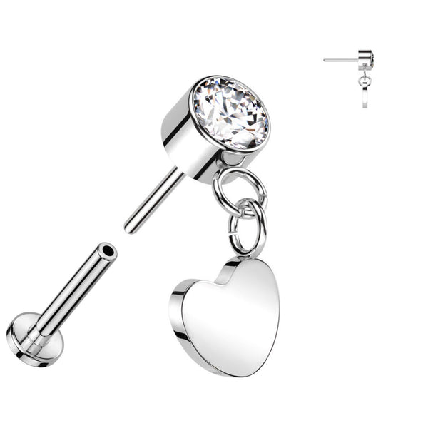 Elegant Titanium Labret: CZ Bezel, Heart Dangle, 16GA
