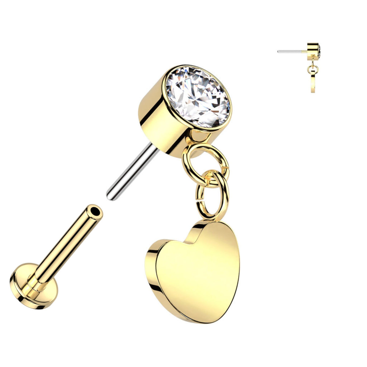 Elegant Titanium Labret: CZ Bezel, Heart Dangle, 16GA