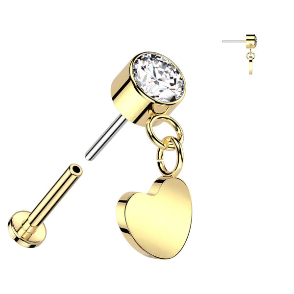 Elegant Titanium Labret: CZ Bezel, Heart Dangle, 16GA
