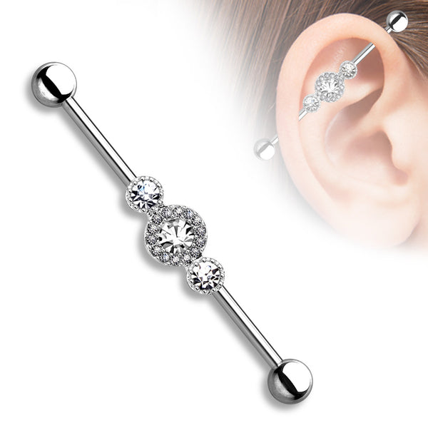 14ga Industrial Barbell with Triple CZ Gems