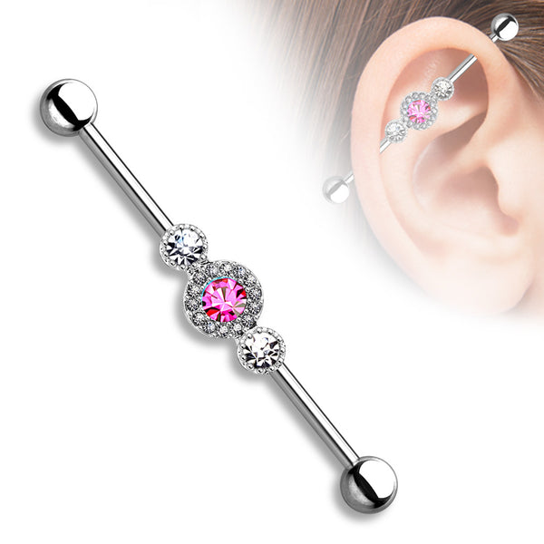 14ga Industrial Barbell with Triple CZ Gems