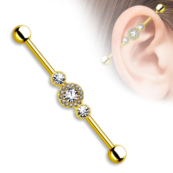 14ga Industrial Barbell with Triple CZ Gems