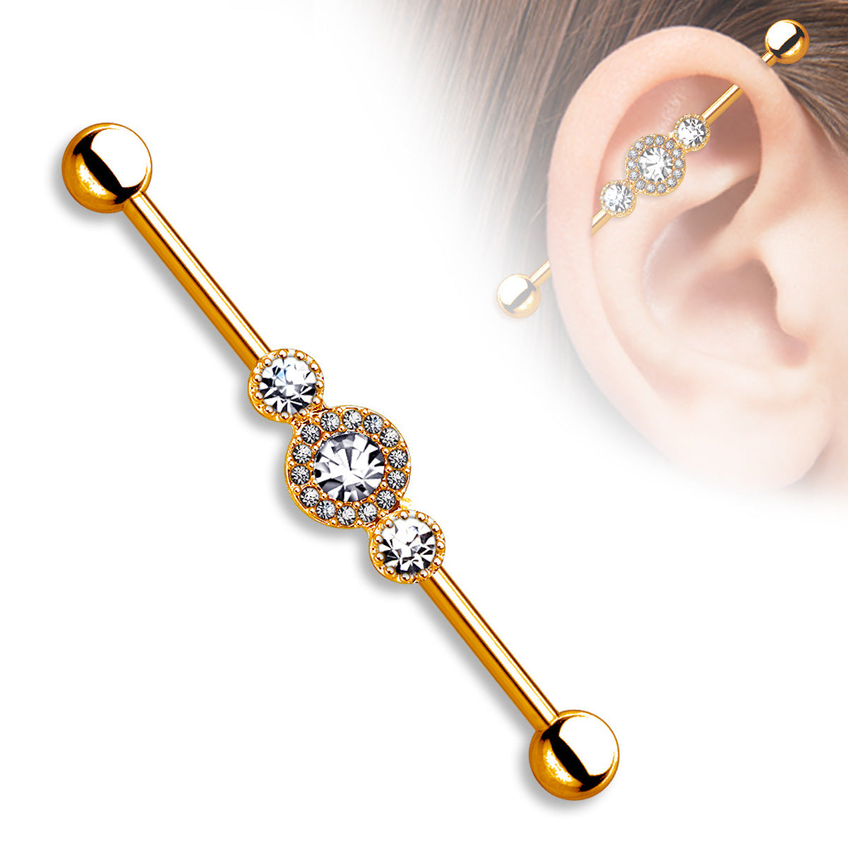 14ga Industrial Barbell with Triple CZ Gems