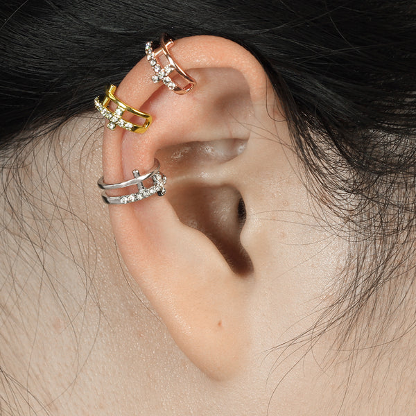 Surgical Steel Double Cross Ear Cuff with CZ Stones