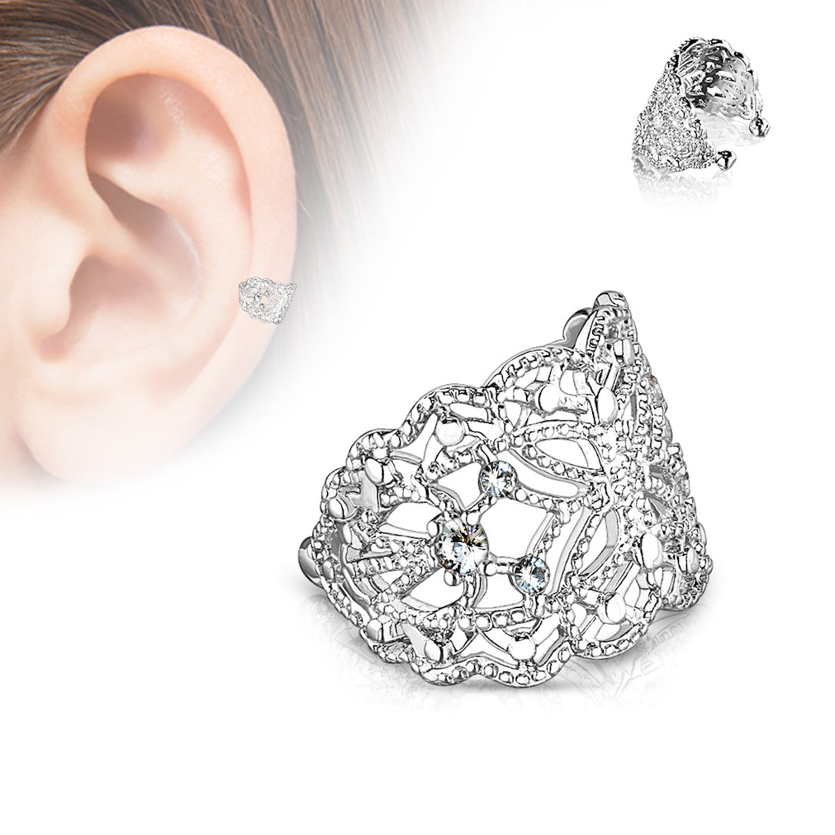 Elegant Surgical Steel Butterfly Ear Cuff, CZ Detail