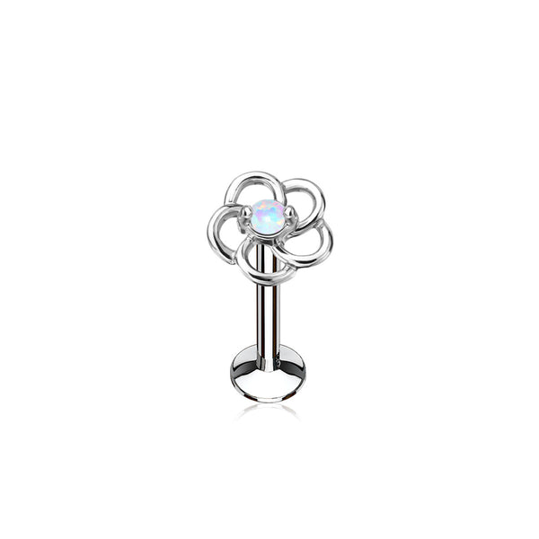 Opal/CZ Center Flower Labret Stud, 16G, Internally Threaded