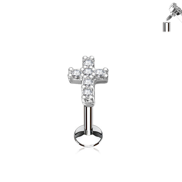 Internally Threaded 16G Cross Labret with CZ Gems