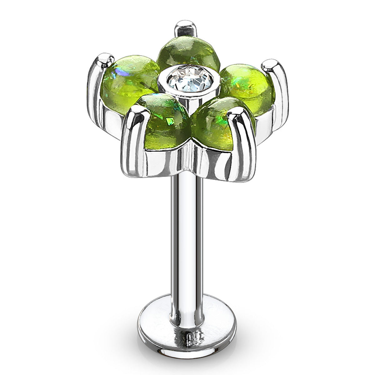 Green Opal & CZ Flower Labret Stud, 16G, 8mm Length