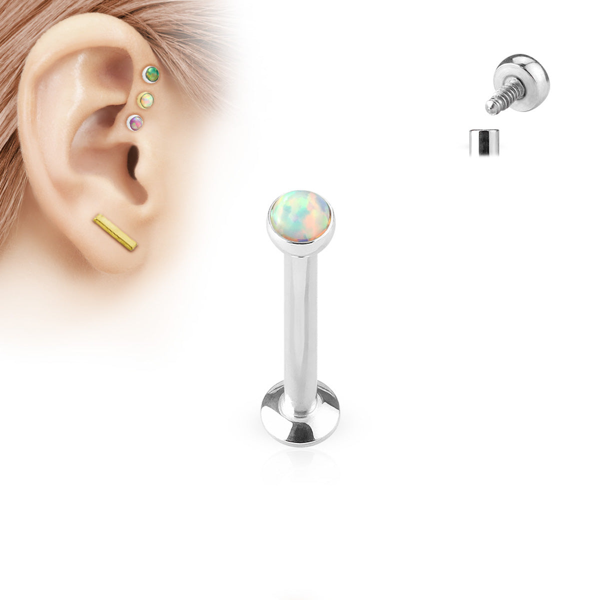 Opal Flat Disc Labret Studs for Cartilage, Lip, Nose - 16GA