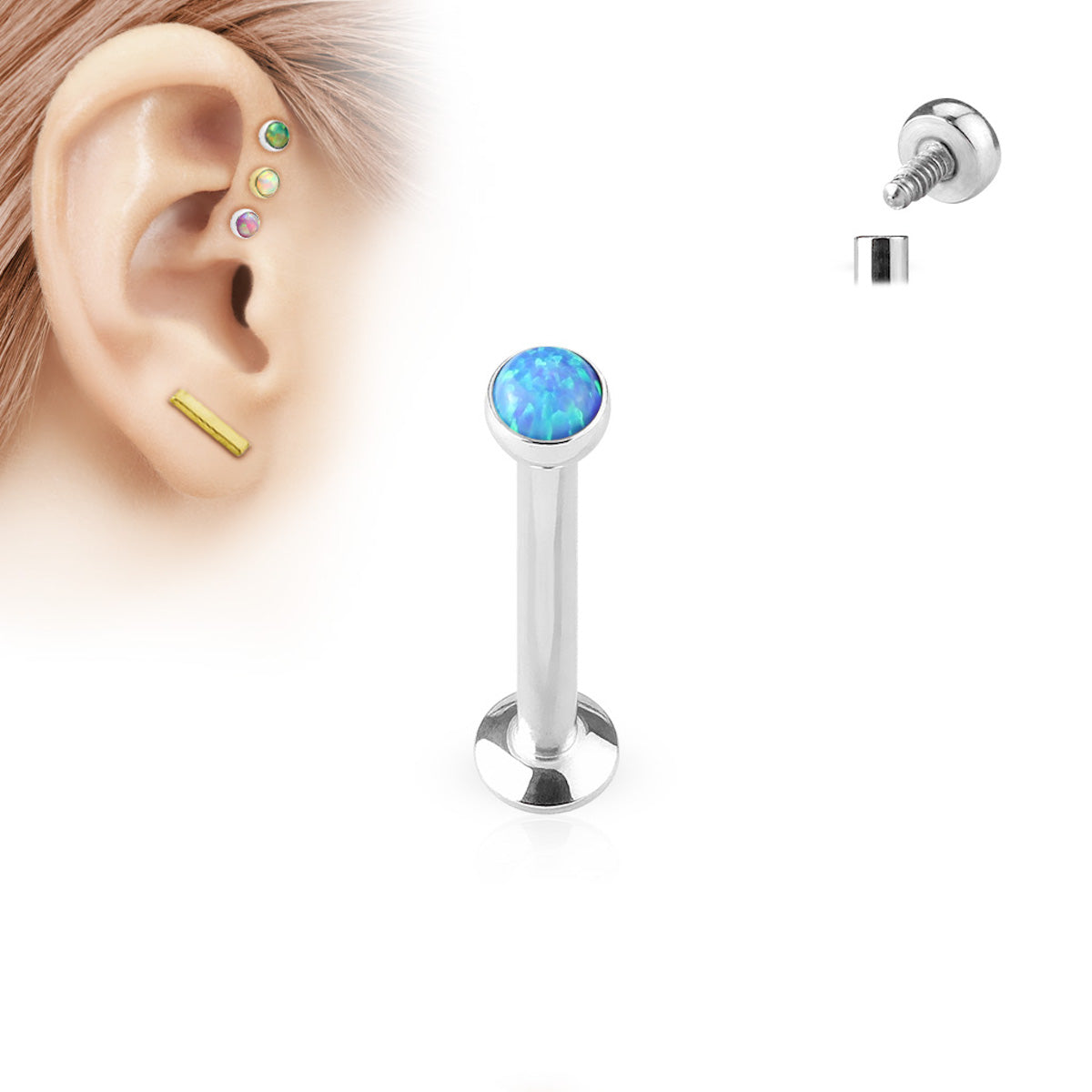 Opal Flat Disc Labret Studs for Cartilage, Lip, Nose - 16GA