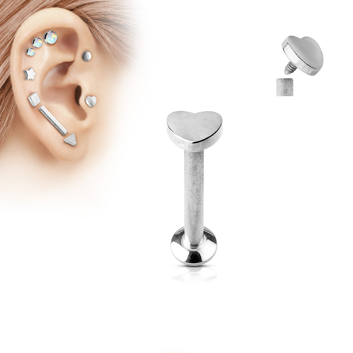 16GA Heart Labret Cartilage Stud - 6mm Length