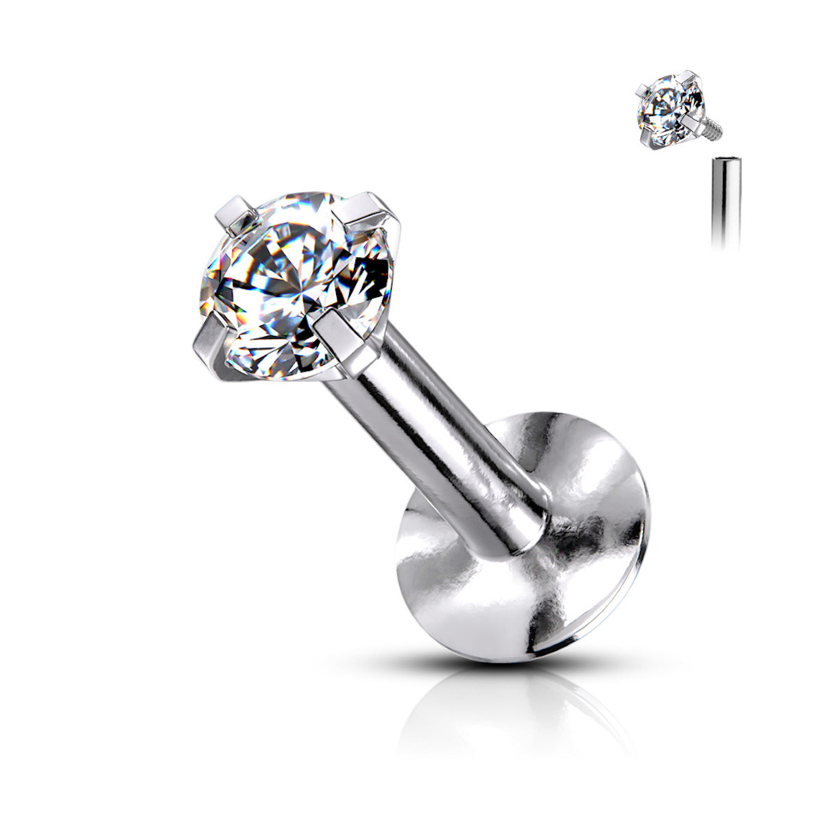 Prong-Set CZ Gem Labret Stud - 16GA Body Piercing