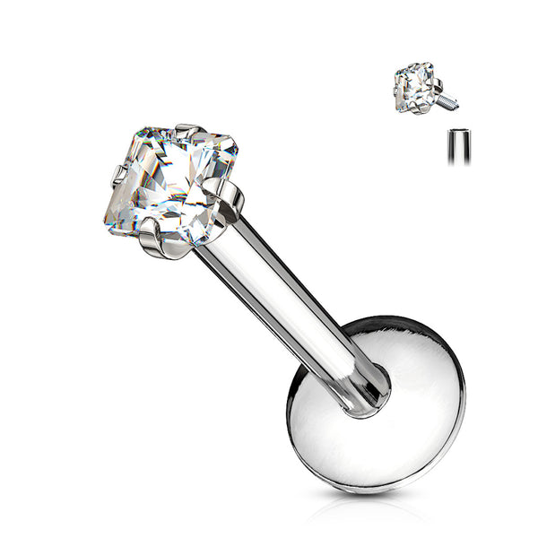 Square CZ Gem Labret Stud - 16GA Cartilage Earring