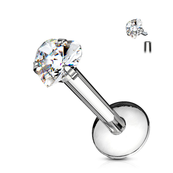 Prong-Set CZ Heart Labret Stud for Cartilage, 16GA