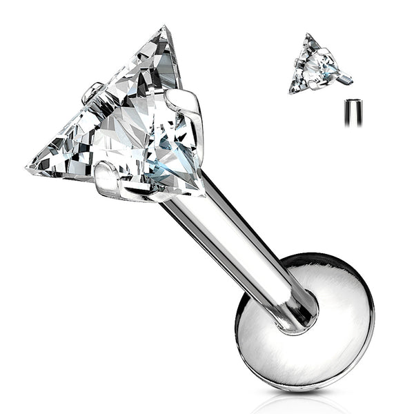 Prong Set CZ Gem Triangle Labret Stud, 16GA