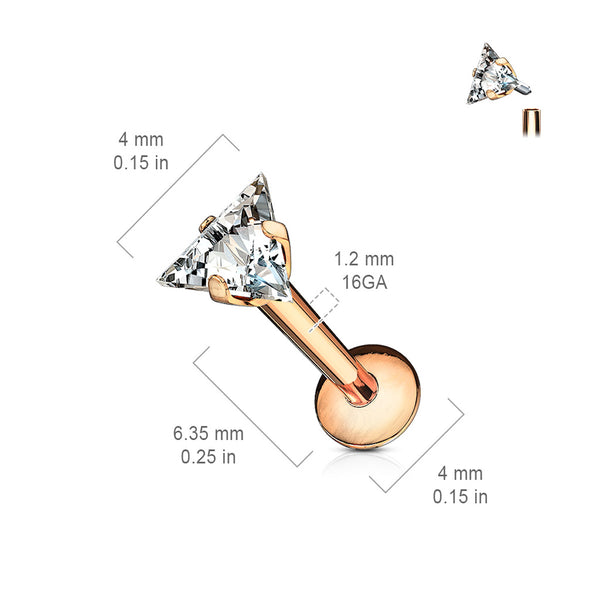 Prong Set CZ Gem Triangle Labret Stud, 16GA