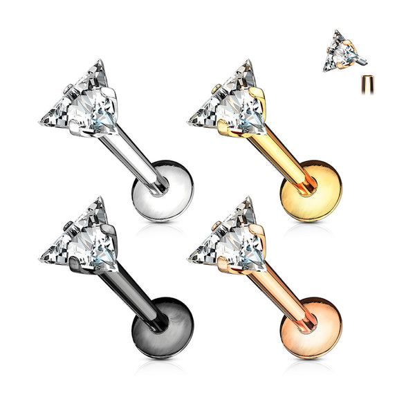 Prong Set CZ Gem Triangle Labret Stud, 16GA