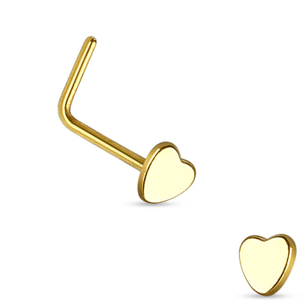 Elegant Heart Top L-Bend Nose Stud, 316L Steel, 20GA