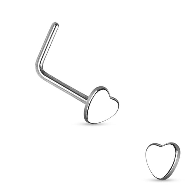 Elegant Heart Top L-Bend Nose Stud, 316L Steel, 20GA