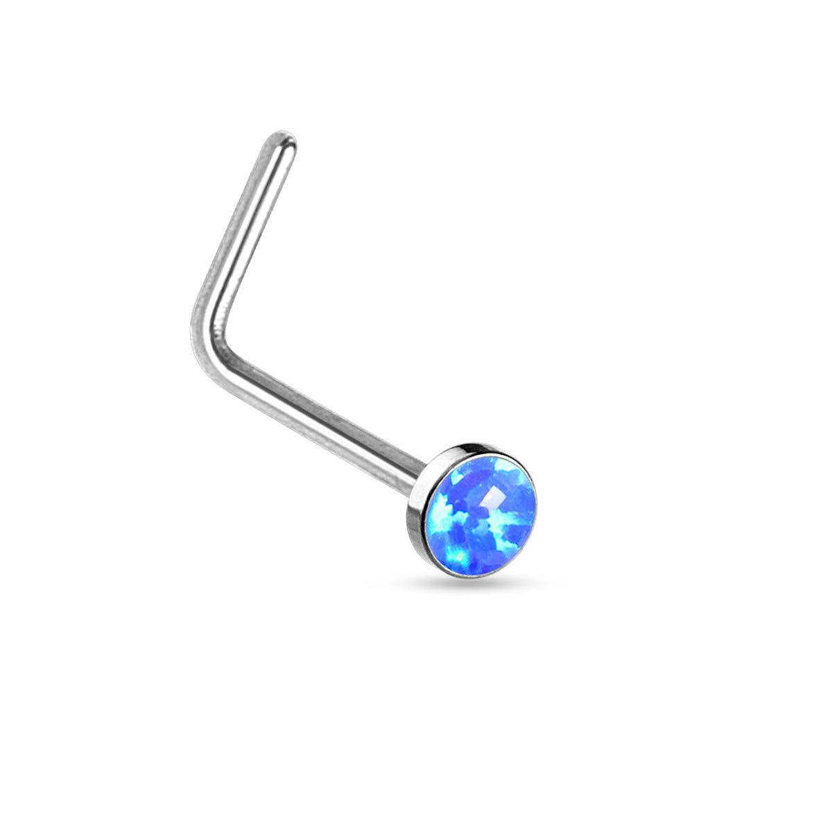 Opal Flat Top L-Bend Nose Ring, 316L Steel, 20GA, 6mm