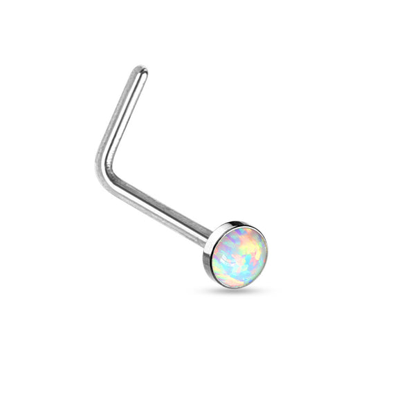 Opal Flat Top L-Bend Nose Ring, 316L Steel, 20GA, 6mm