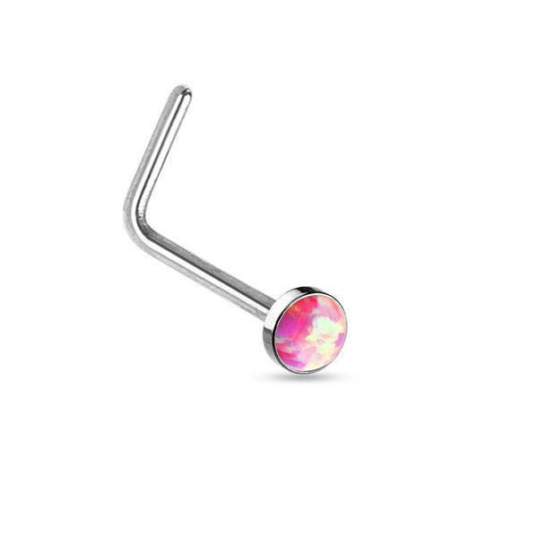 Opal Flat Top L-Bend Nose Ring, 316L Steel, 20GA, 6mm