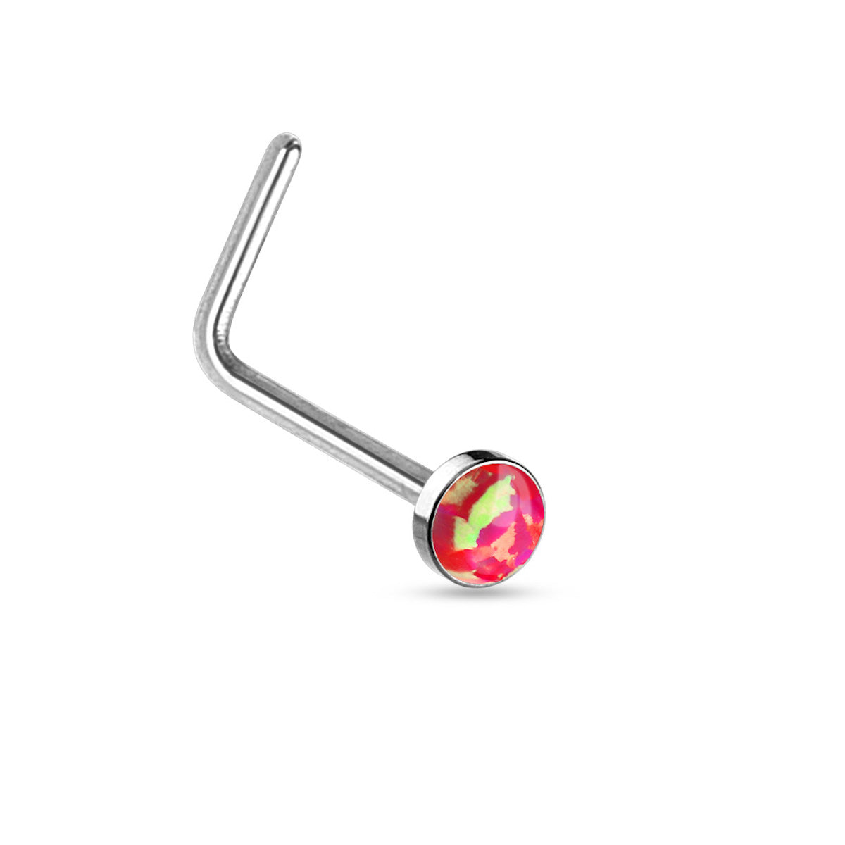 Opal Flat Top L-Bend Nose Ring, 316L Steel, 20GA, 6mm