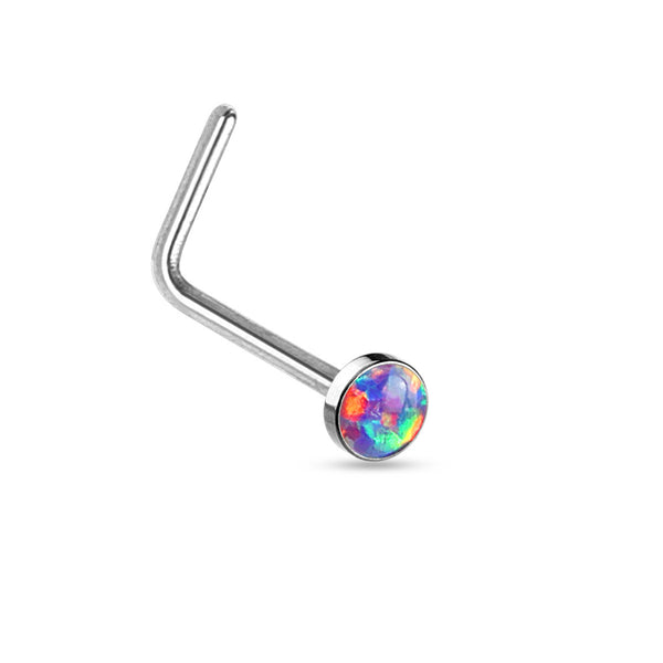 Opal Flat Top L-Bend Nose Ring, 316L Steel, 20GA, 6mm