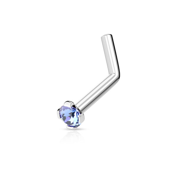 Prong-Set Cubic Zirconia L-Bend Nose Ring, 316L