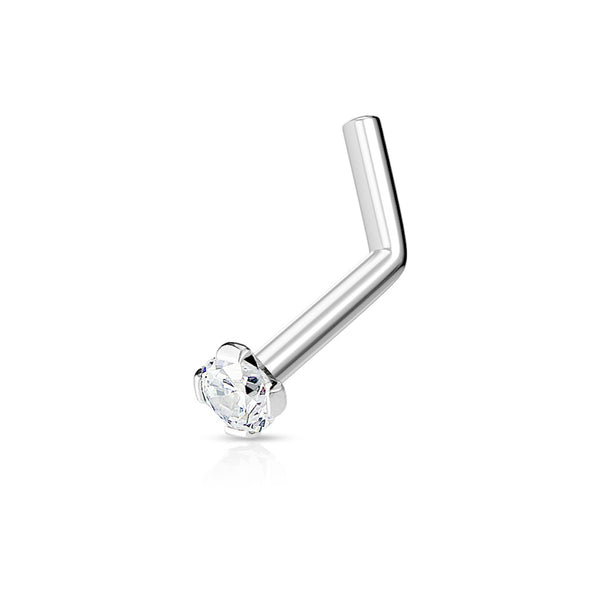 Prong-Set Cubic Zirconia L-Bend Nose Ring, 316L