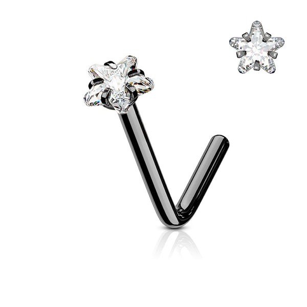 316L Steel Star Gem Nose Stud, 20GA, 6mm L-Bend