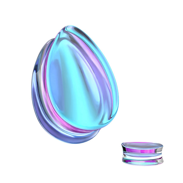 Iridescent Glass Teardrop Flared Plugs, Various Sizes