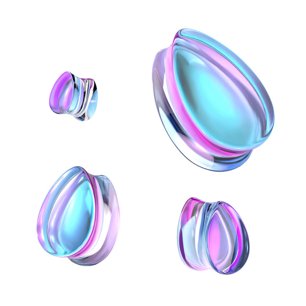 Iridescent Glass Teardrop Flared Plugs, Various Sizes