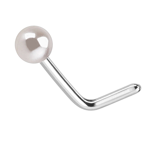 Elegant Pearl Nose Stud, 316L Steel, L-Bend, 20GA, 6mm