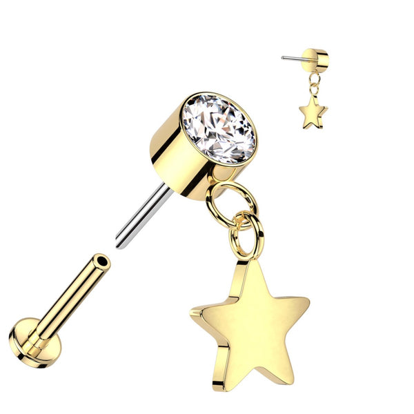 Elegant Titanium Labret: CZ & Star Dangle, 16GA