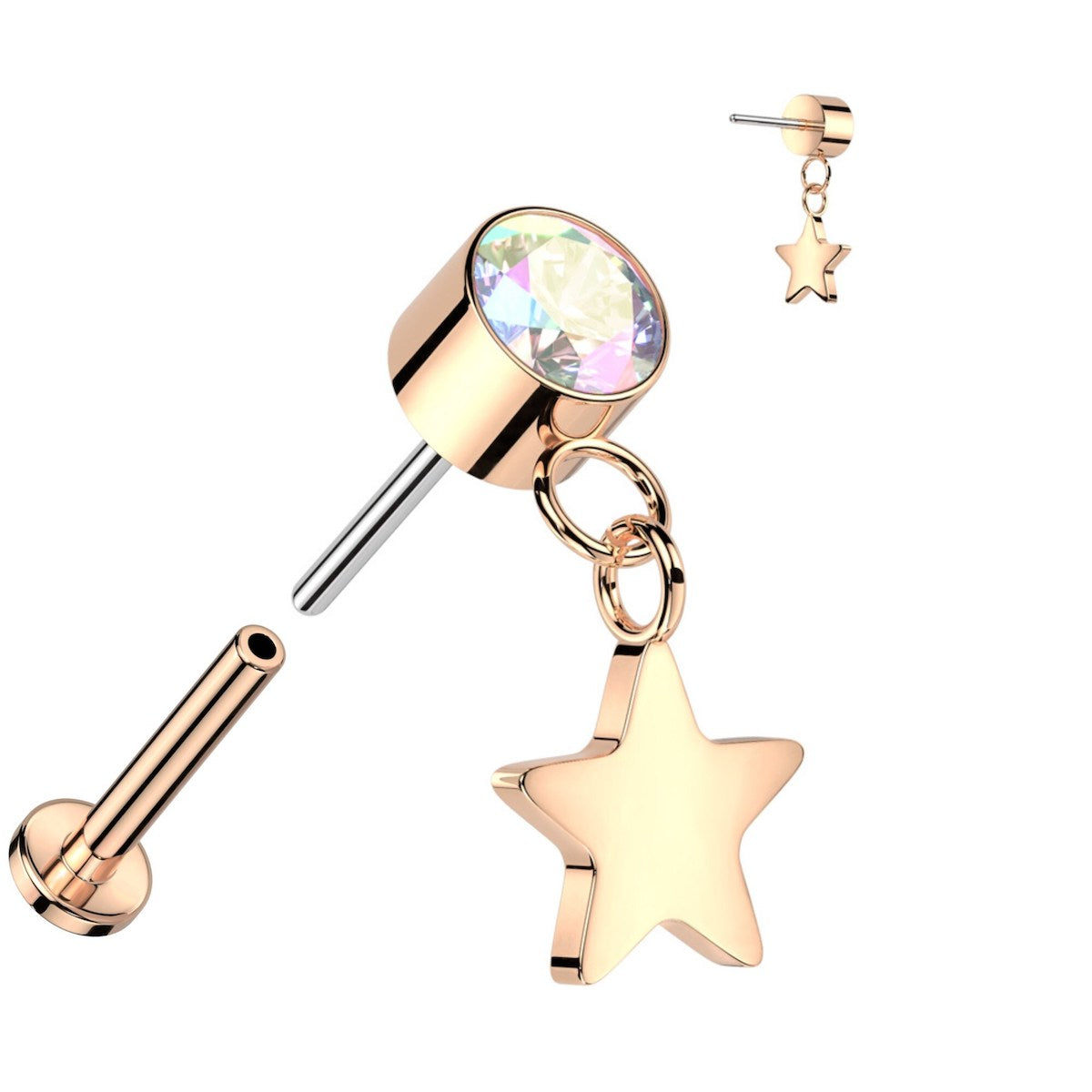 Elegant Titanium Labret: CZ & Star Dangle, 16GA