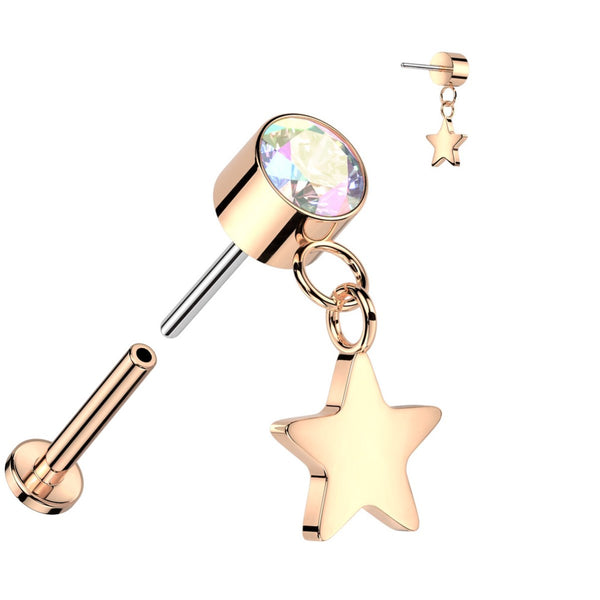 Elegant Titanium Labret: CZ & Star Dangle, 16GA