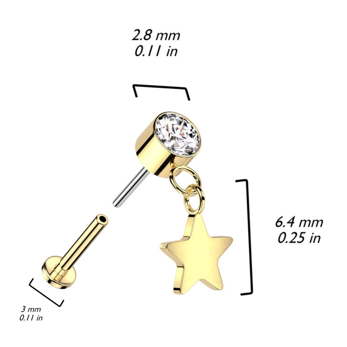 Elegant Titanium Labret: CZ & Star Dangle, 16GA