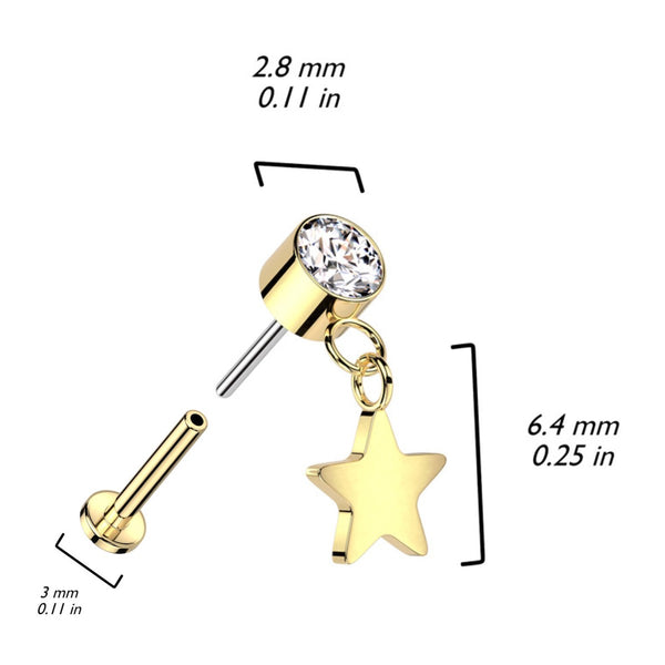 Elegant Titanium Labret: CZ & Star Dangle, 16GA