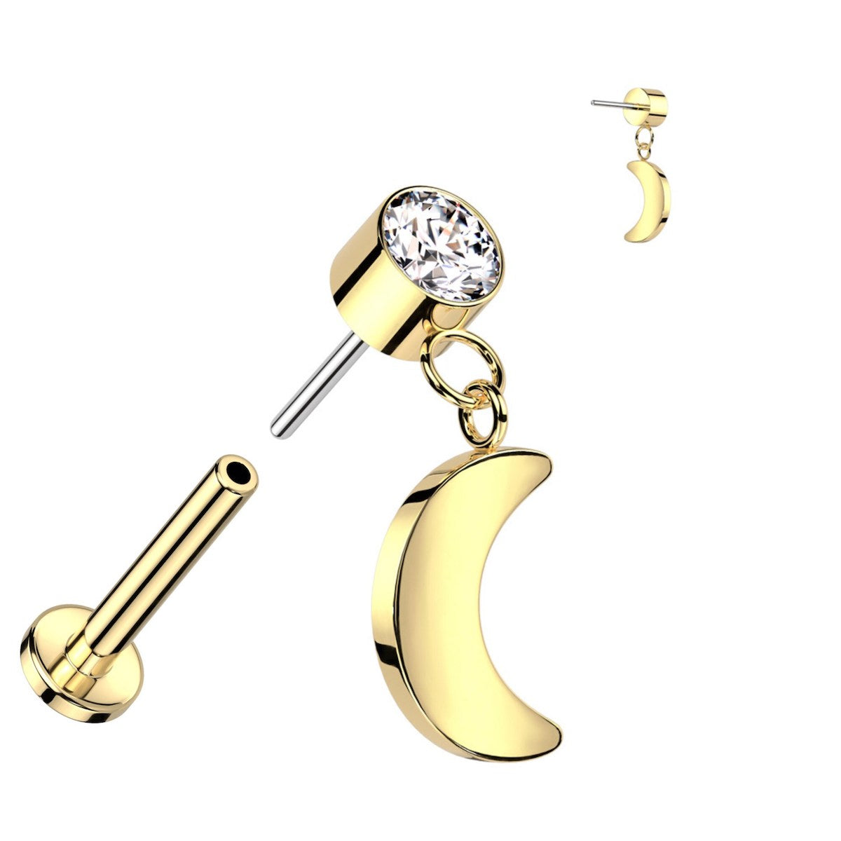 Elegant Titanium Labret: CZ & Moon Dangle, 16GA