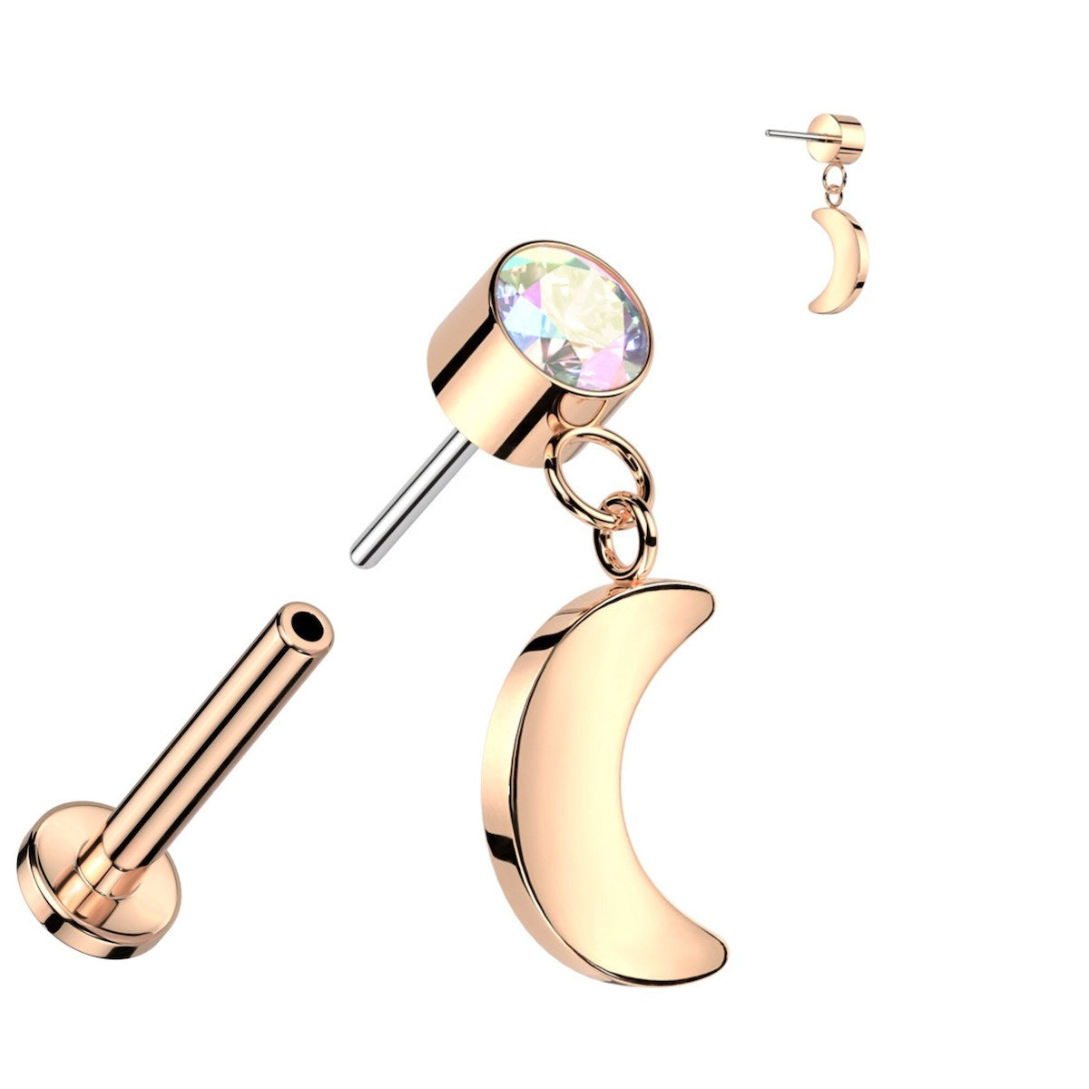 Elegant Titanium Labret: CZ & Moon Dangle, 16GA