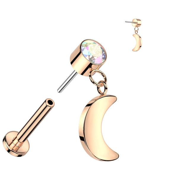 Elegant Titanium Labret: CZ & Moon Dangle, 16GA