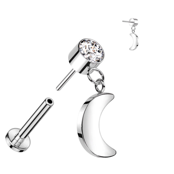 Elegant Titanium Labret: CZ & Moon Dangle, 16GA
