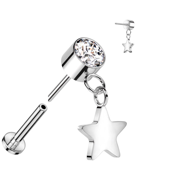 Elegant Titanium Labret: CZ & Star Dangle, 16GA